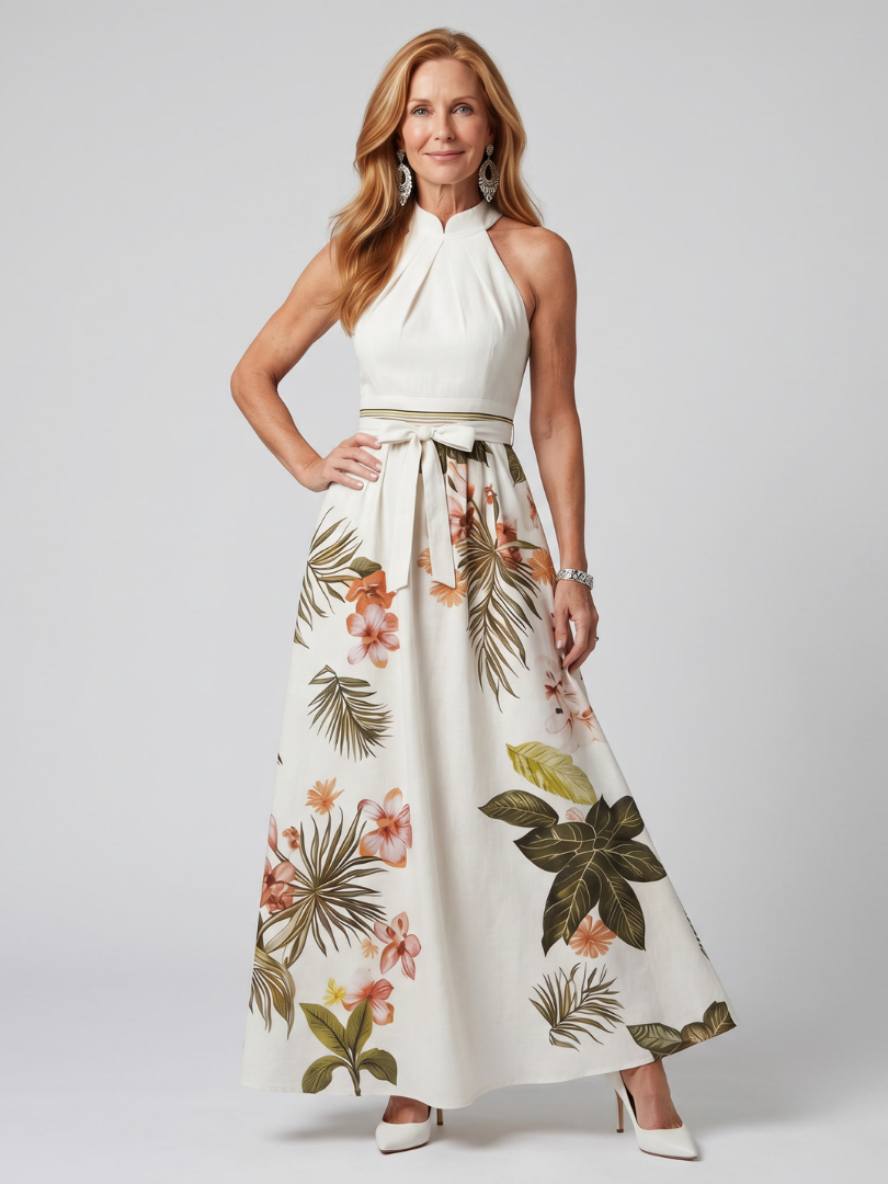 Meadow™ | Draped Halter Botanical Maxi Dress