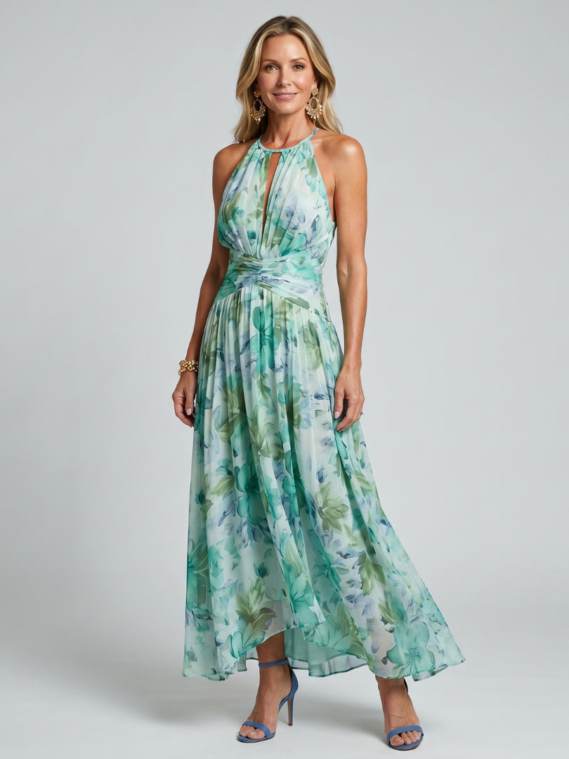 Portia™ | Pleated Halter Floral Midi Dress