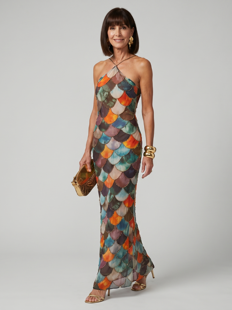 Lara™ | Fitted Multicolor Scale Maxi Dress