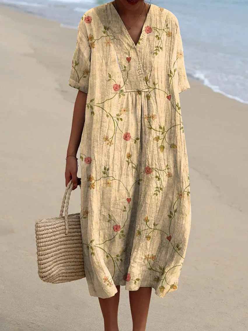 Vintage floral print maxi dress for women, featuring a comfortable and stylish design.