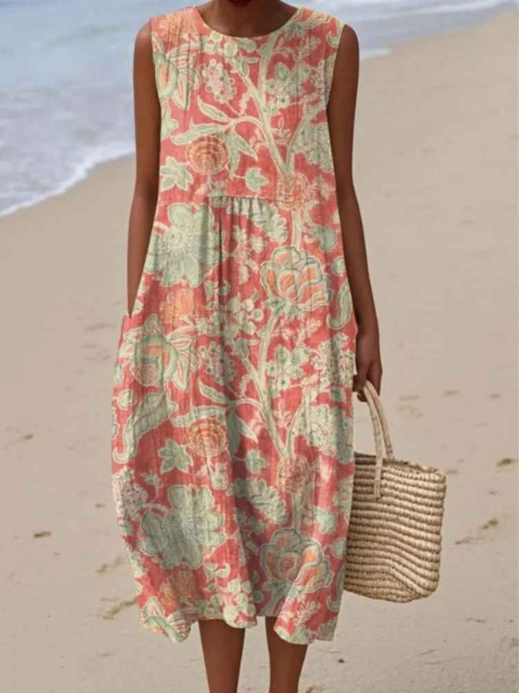 Coral Bloom midi dress in lightweight fabric