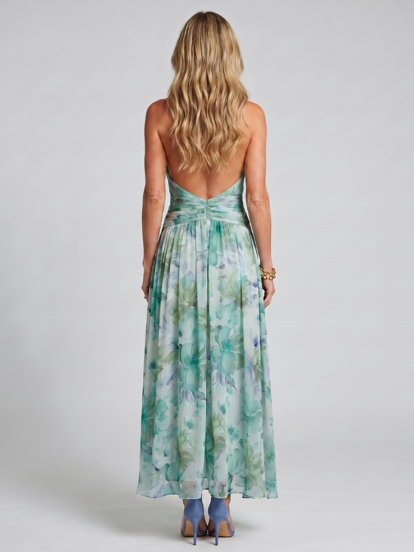 Portia™ | Pleated Halter Floral Midi Dress