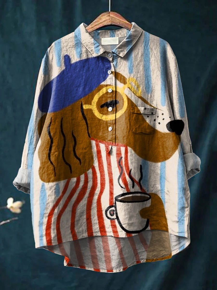 Artistic Dog & Coffee Print Shirt