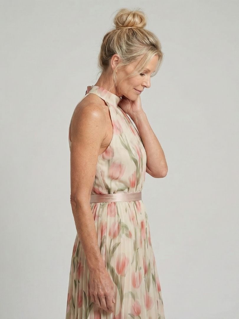 Aurelia floral halter neck midi dress on model