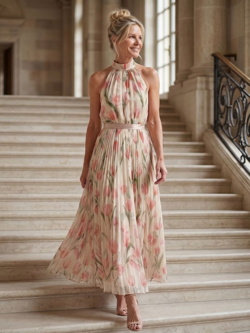 Close up of Aurelia's floral halter neck midi dress