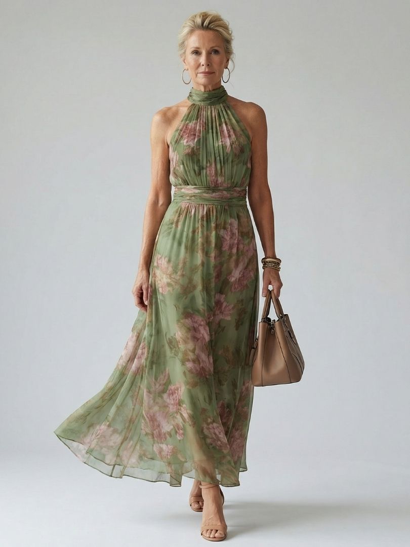Gathered halter midi dress with a feminine touch
