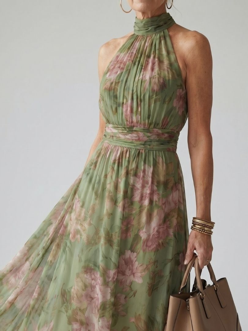 Casual midi dress featuring a gathered halter neck