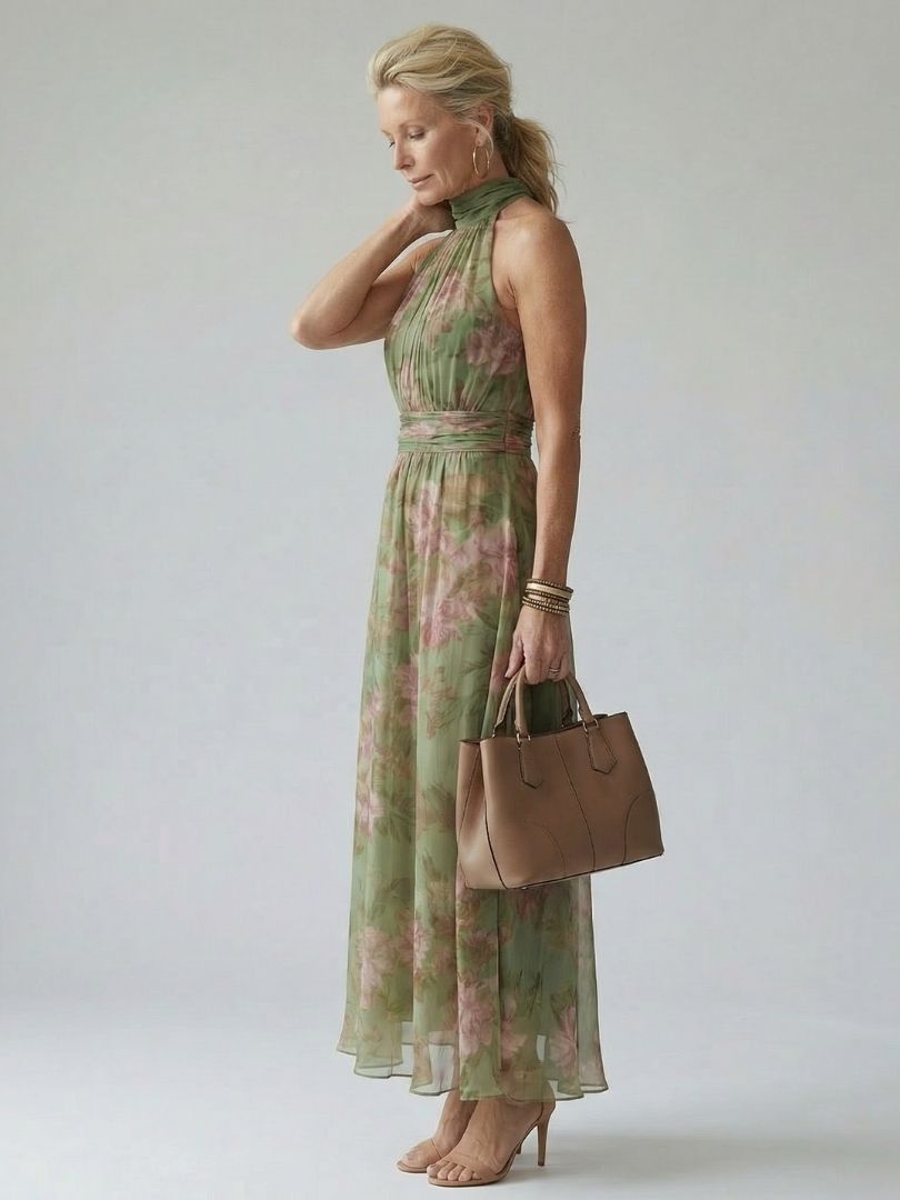 Feminine midi dress with a gathered halter design